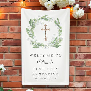 White Floral Greenery First Communion Welcome Banner