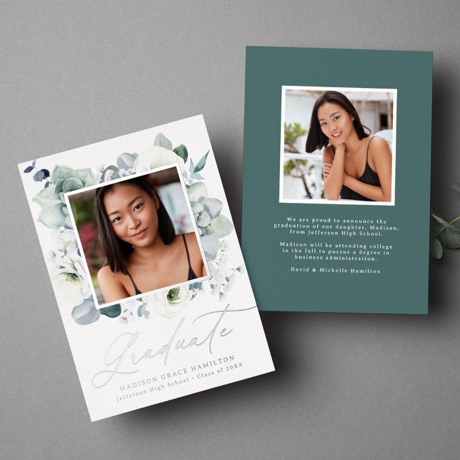 White Floral Greenery Foil Graduation Announcement (Creator Uploaded)