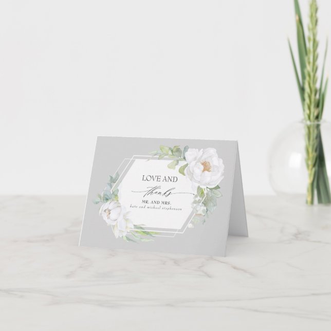White Floral Greenery Geometric Wedding Thank You Card (Front)