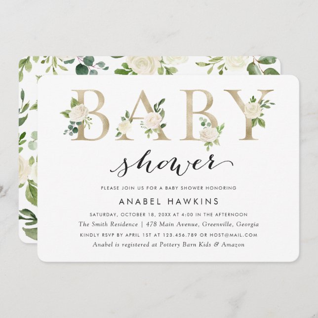 White Floral Greenery Gold Foil Baby Shower Invitation (Front/Back)