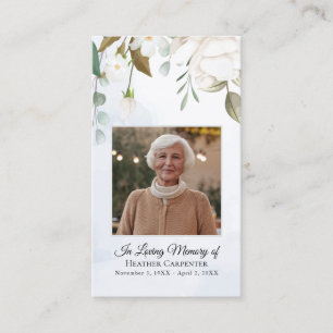 White Floral Greenery Laminated Photo Funeral Card
