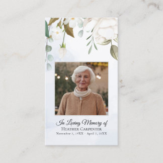 White Floral Greenery Laminated Photo Funeral Card