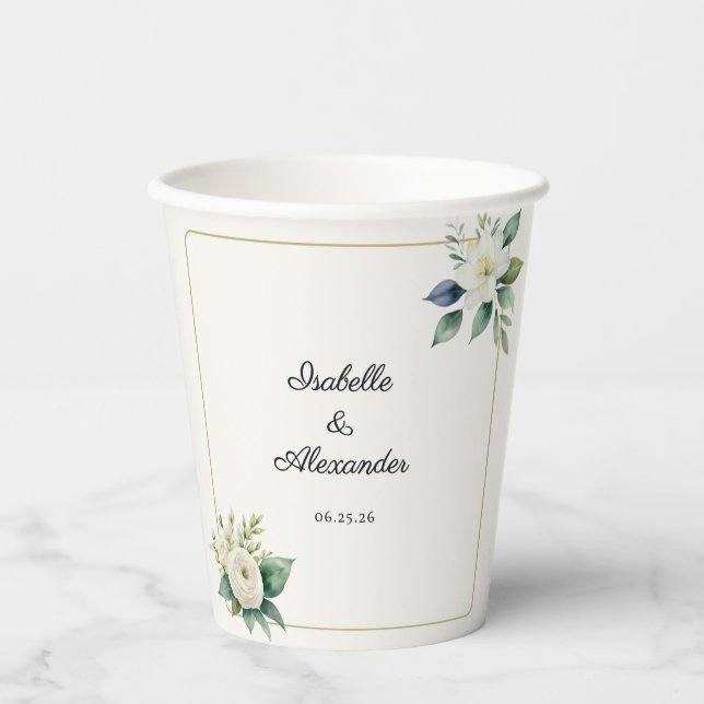 White Floral & Greenery Personalised Wedding Paper Cups (Front)