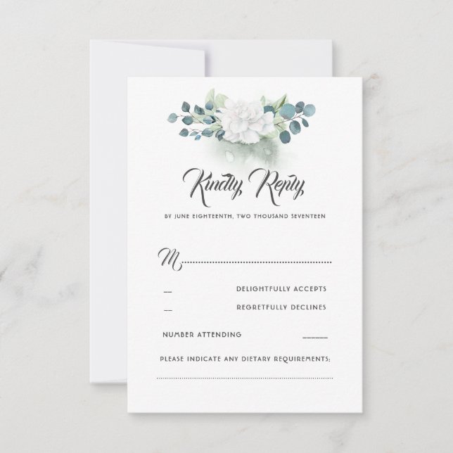 White Floral Greenery Romantic Wedding RSVP Card (Front)