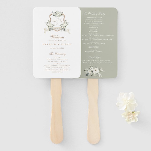 White Floral Greenery Sage Monogram Crest Wedding  Hand Fan (Front and Back)