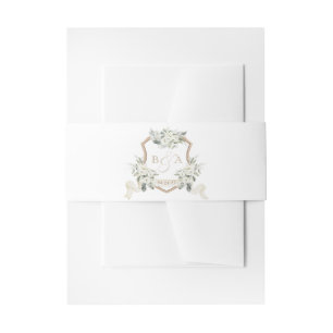 White Floral Greenery Sage Monogram Crest Wedding Invitation Belly Band