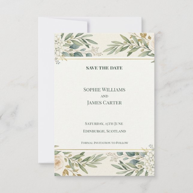 White Floral Greenery Save The Date Card (Front)