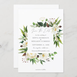 White Floral & Greenery Save the Date Invitation