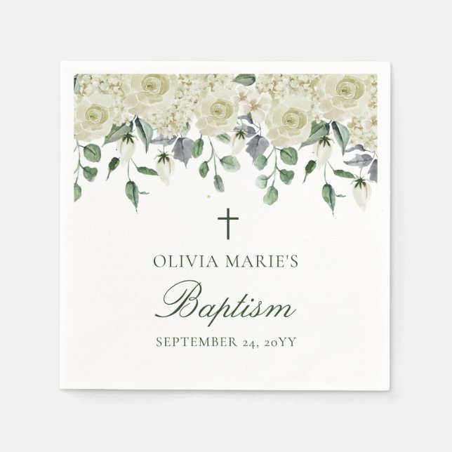 White Floral Greenery Simple Modern Baptism  Napkin (Front)