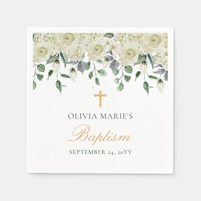 White Floral Greenery Simple Modern Baptism Napkin (Front)
