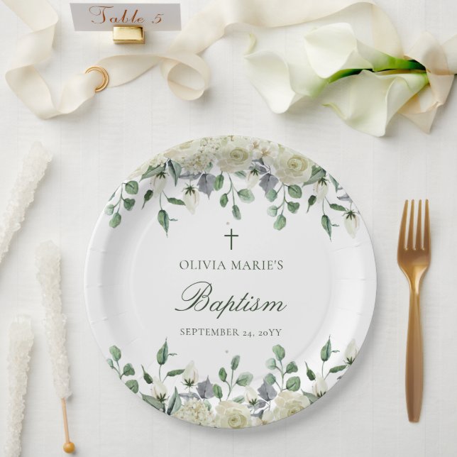 White Floral Greenery Simple Modern Baptism Paper Plate (Wedding)