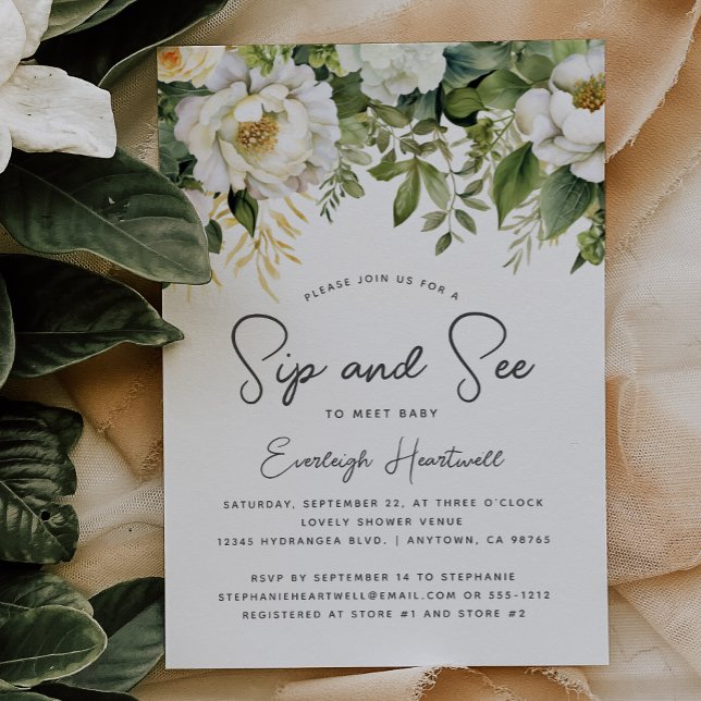 White Floral Greenery Sip and See Baby Shower Invitation (Creator Uploaded)