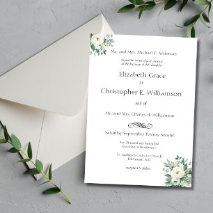 White Floral Greenery Traditional Formal Wedding Invitation