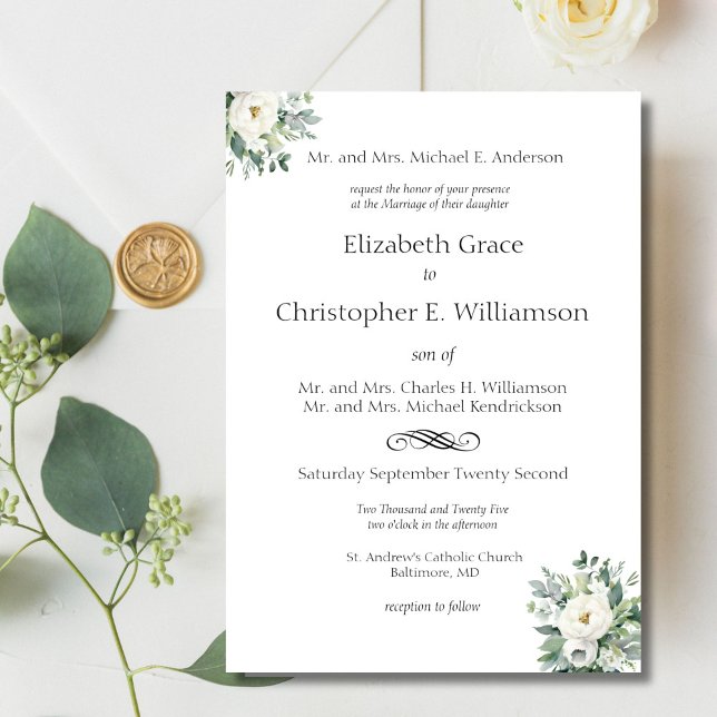 White Floral Greenery Traditional Formal Wedding Invitation (White Floral Traditional Classic Elegant, Both Parents names, Wedding Invitation)