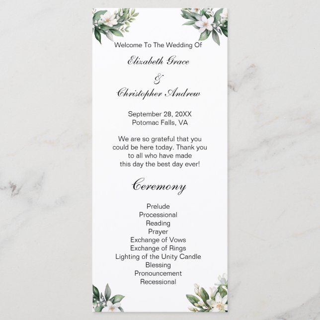 White Floral Greenery Traditional Wedding Program Menu (Front)