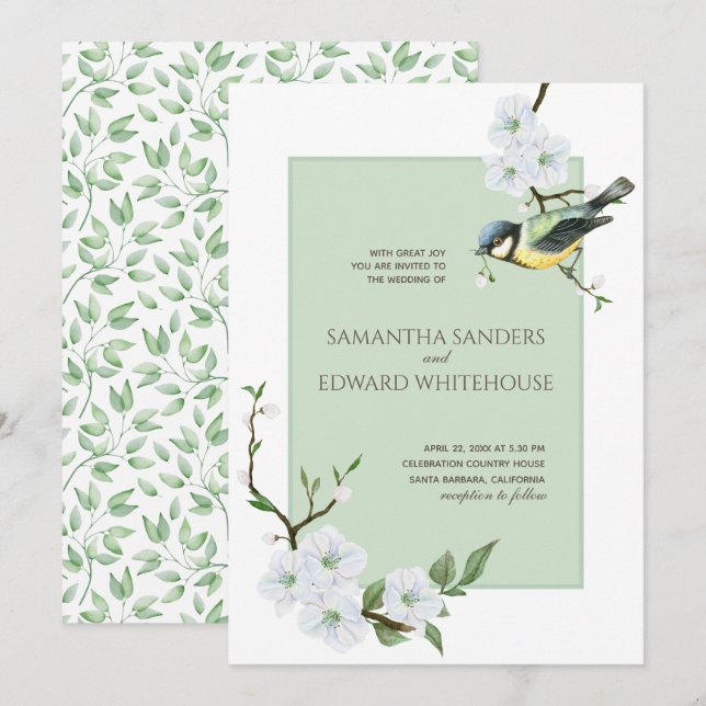 White Floral Greenery Watercolor Spring Bird Invitation (Front/Back)