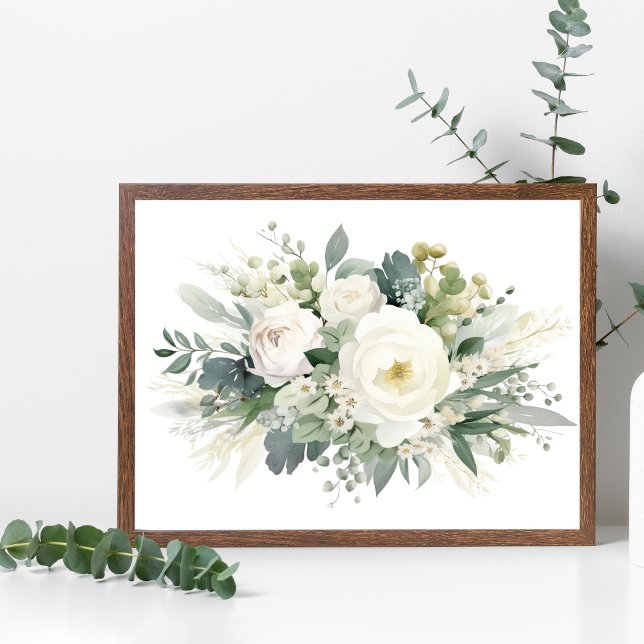 White Floral Greenery Watercolor Wall Art Poster (White Floral Flowers Greenery Watercolor Wall Art poster)