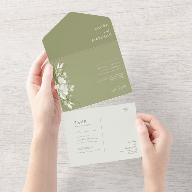 White Floral Greenery Wedding All In One Invitation (Tearaway)