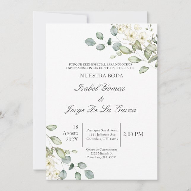 White floral Greenery Wedding invite in Spanish (Front)