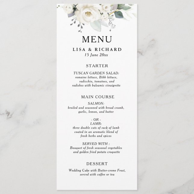 white floral greenery wedding menu (Front)