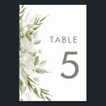 White Floral Greenery Wedding Table Number<br><div class="desc">This elegant wedding theme features a blooming arrangement of white flowers and greenery on a crisp white linen background. Using sans serif typography and subtle hints of handwritten calligraphy,  this design is both modern and classic.</div>