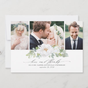 White Floral Greenery Wedding Thank You Photo Card