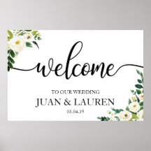 White Floral Greenery Wedding Welcome Sign Poster