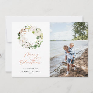 White Floral Greenery Wreath Christmas Photo Holiday Card