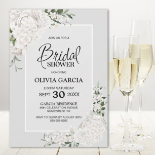 White Floral Grey Bridal Shower Invitation