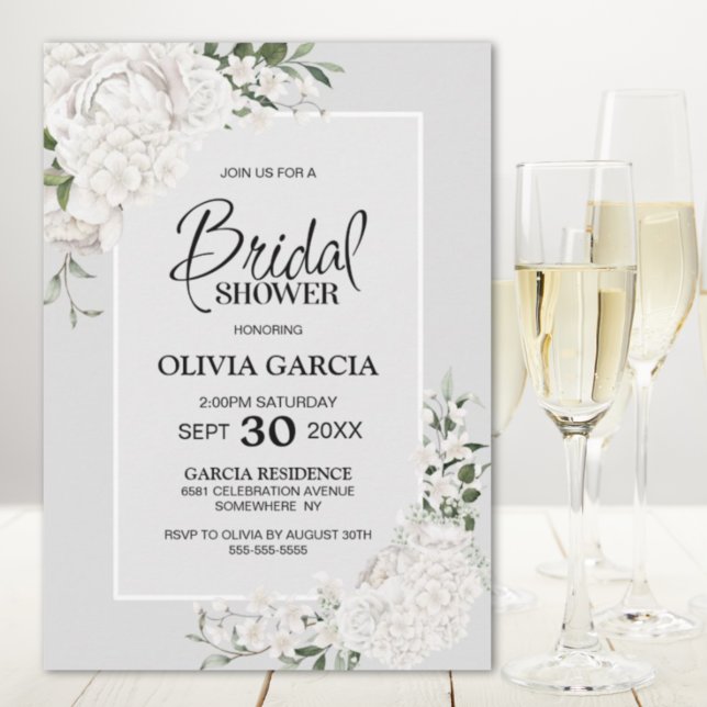 White Floral Grey Bridal Shower Invitation (Creator Uploaded)
