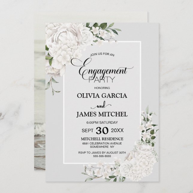 White Floral Grey Custom Photo Engagement Party Invitation (Front/Back)