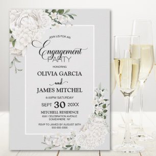 White Floral Grey Engagement Party Invitation