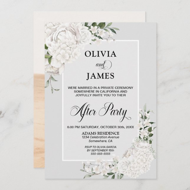 White Floral Grey Wedding After Party Invitation (Front/Back)