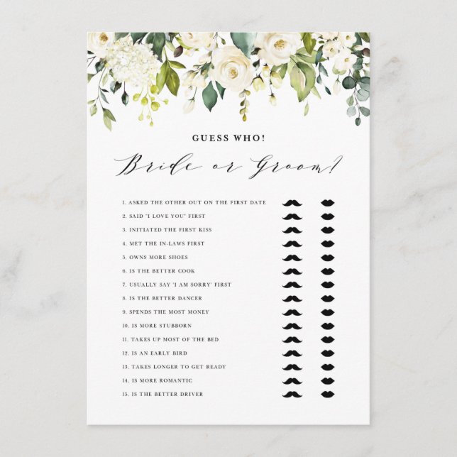 White Floral He Said She Said Bride or Groom Game Enclosure Card (Front)