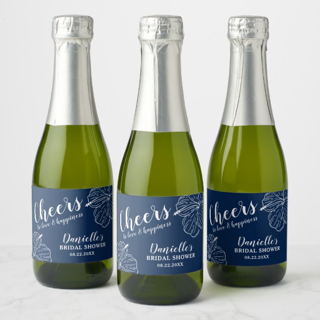 White Floral Hibiscus Mini Navy Blue Sparkling Wine Label (Bottles)