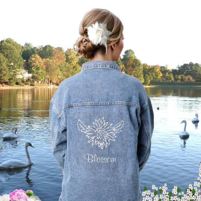 White Floral Image & Blossom Text Denim Jacket (Creator Uploaded)