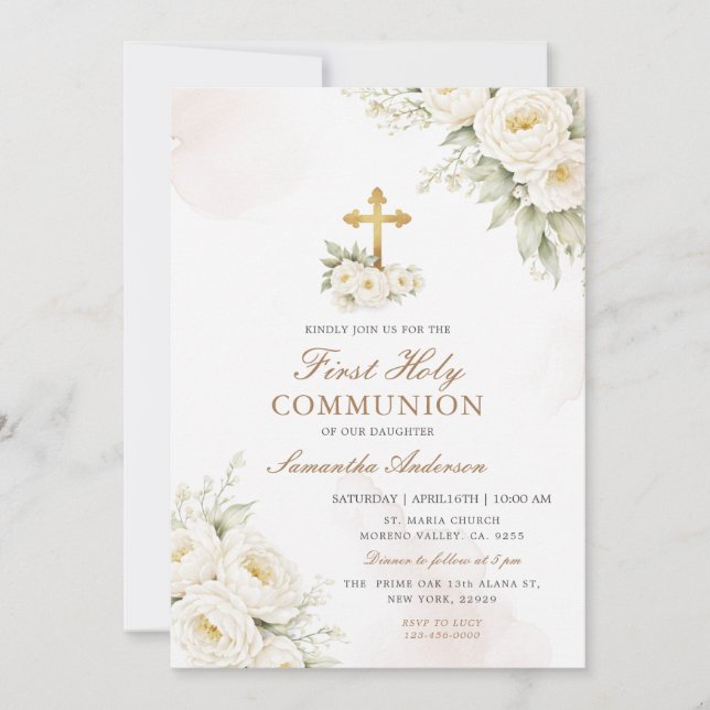 White Floral Ivory First Holy Communion  Invitation (Front)
