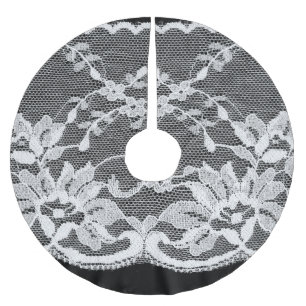 White floral lace: black background. brushed polyester tree skirt