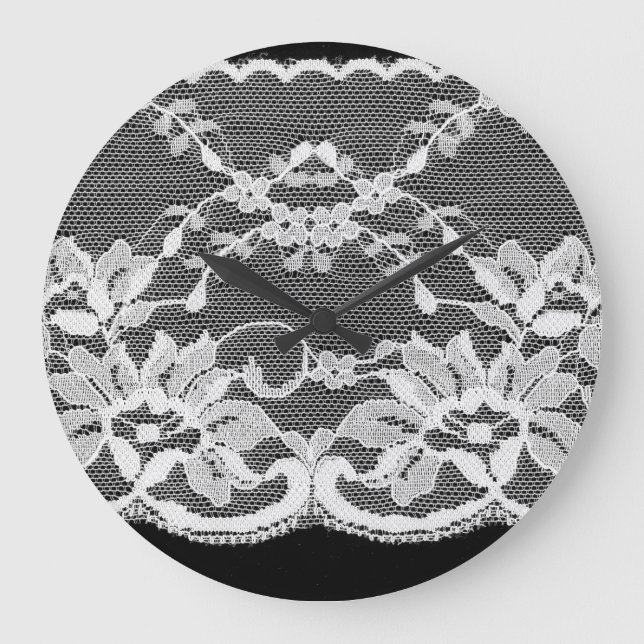 White floral lace: black background. large clock (Front)