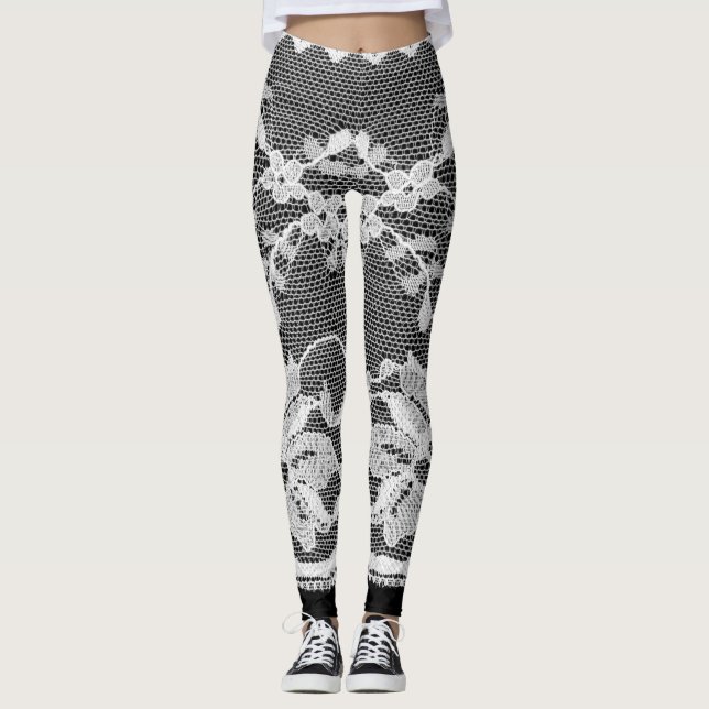 White floral lace: black background. leggings (Front)