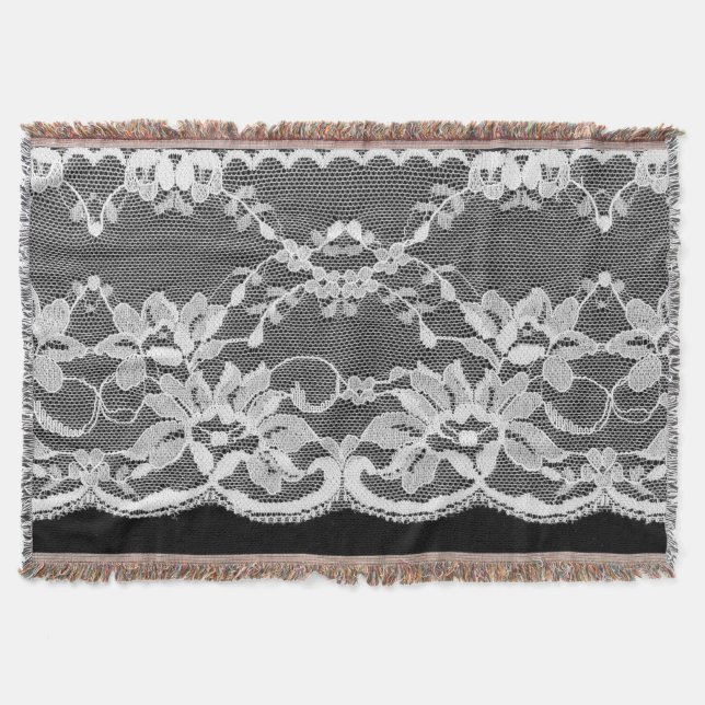 White floral lace: black background. throw blanket (Front)