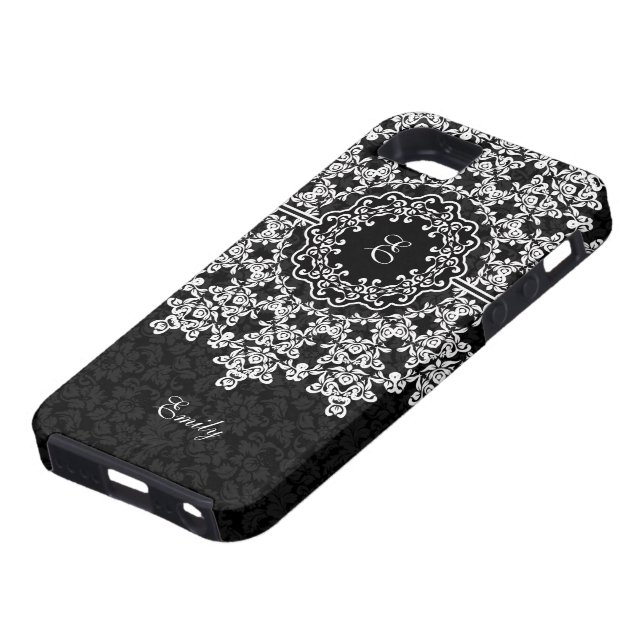 White Floral Lace Black Damasks Monogramed Case-Mate iPhone Case (Bottom)