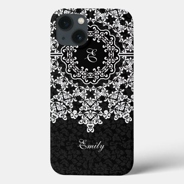 White Floral Lace Black Damasks Monogramed Case-Mate iPhone Case (Back)