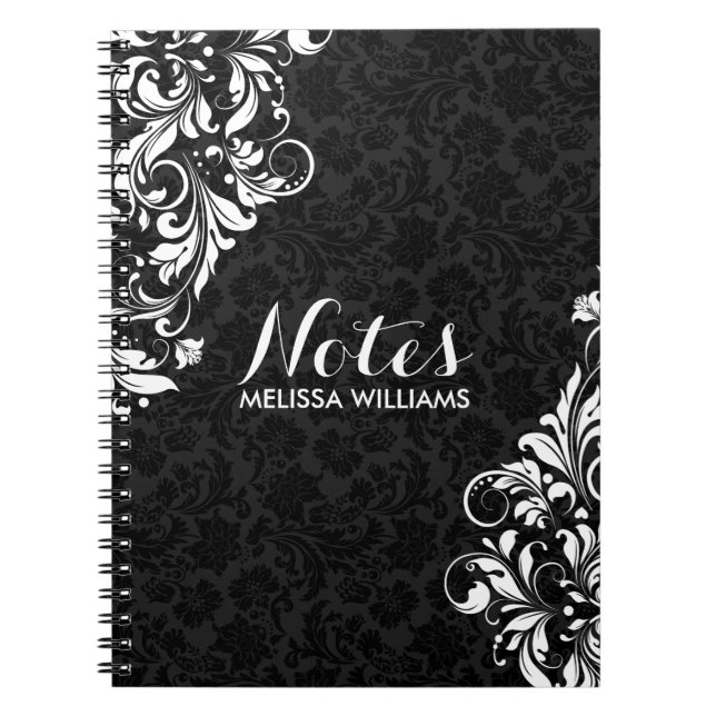 White Floral Lace & Black Damasks Notebook (Front)