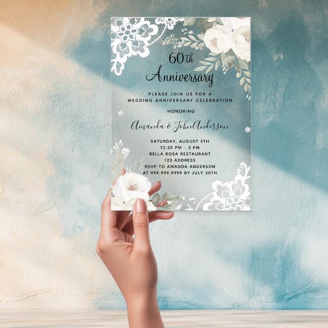 White floral lace diamond 60th wedding anniversary acrylic invitations (Creator Uploaded)