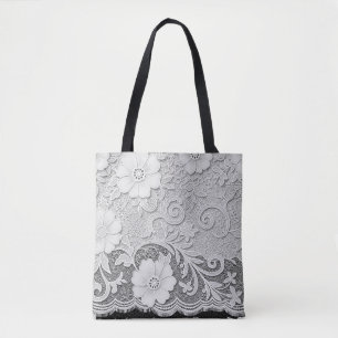 White Floral Lace Look Tote Bag
