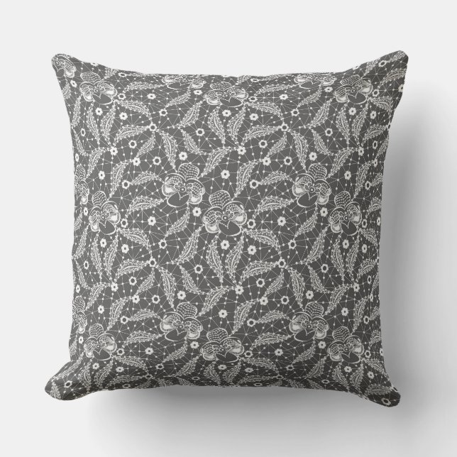 White floral lace on a gray background  cushion (Front)