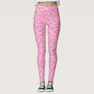 White floral lace on pink background  leggings