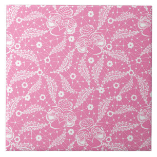 White floral lace on pink background tile