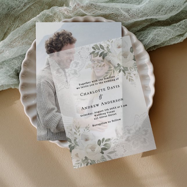 White floral lace wedding vellum invitations (Creator Uploaded)